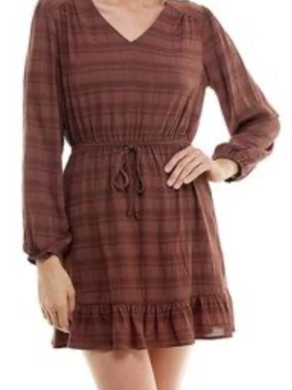 Lily Rose Brown Plaid V-Neck Drawstring Mini Dress Large